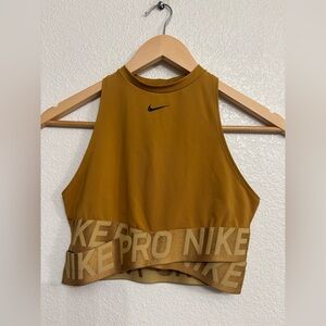 Nike Pro High Neck Cropped Tank Top Mustard Gold Logo Athleisure Gym Top